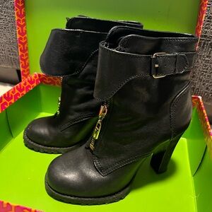 Tory Burch Black Heeled Boots with Gold zipper and buckle Accents